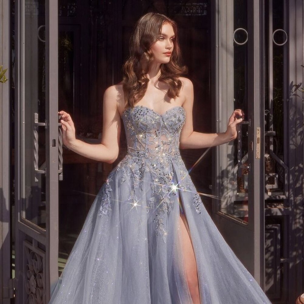 NEW FORMAL SLEEVELESS STRAPLESS FLORAL GOWN W/ SHEER STRUCTURAL BODICE A1415